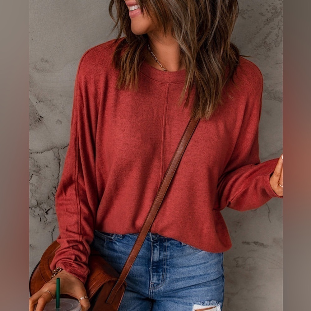 NEW Dark Red Crewneck Pullover Pieced Long Sleeve Top